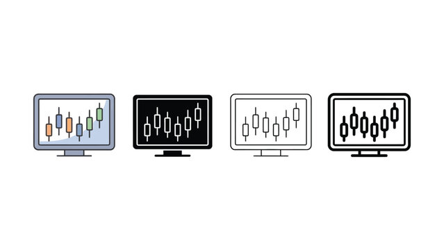 Four computer monitors displaying various stock market charts and graphs on screens