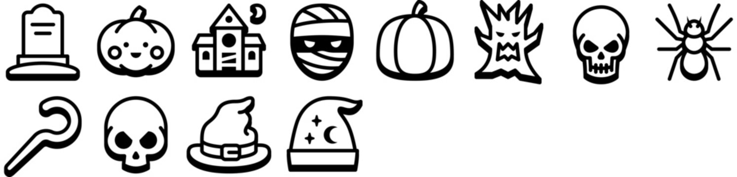 Set of Halloween Icons - skull, hat, pumpkin, magician, dead, magic, scary, horror, wizard, spider. Vector icon sheet.