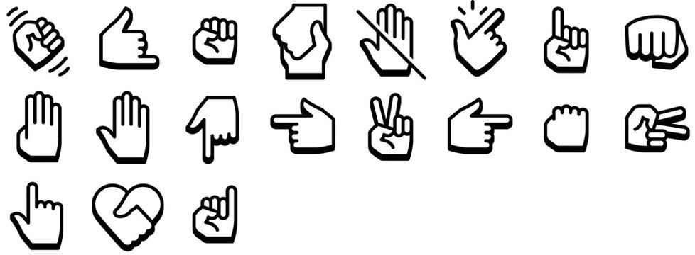 Set of Hands icons: gesture, finger, sign, language, fingers, handshake, heart, pointing, thumb, gesturing, fist. Vector icon sheet. 