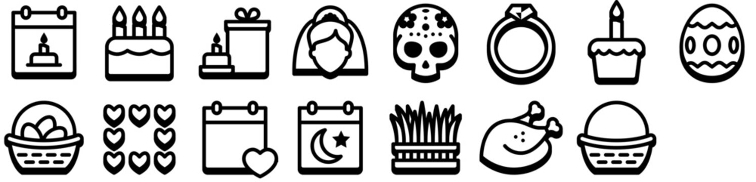Holidays Vector Icon Pack including birthday, easter, valentines, egg, cake, hearts, celebration, calendar, love icons.