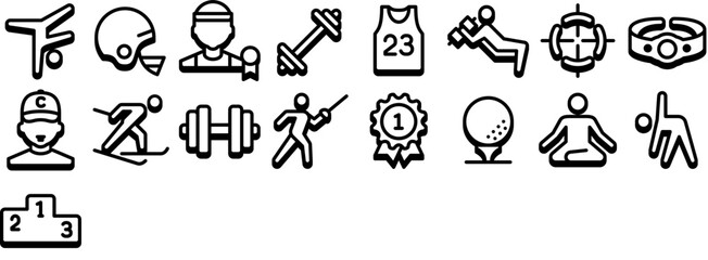 Fototapeta premium Set of Sports Icons. Sport, competition, championship, first place, activity, athlete, workout, sportsman, award, medal, ball, exercise, achievement. Vector icon sheet.