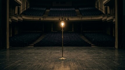 Obraz premium Ghost light lamp placed in the center of an empty theater stage. Single glowing bulb on a stand representing safety and tradition in performing arts. Dramatic interior lighting concept.