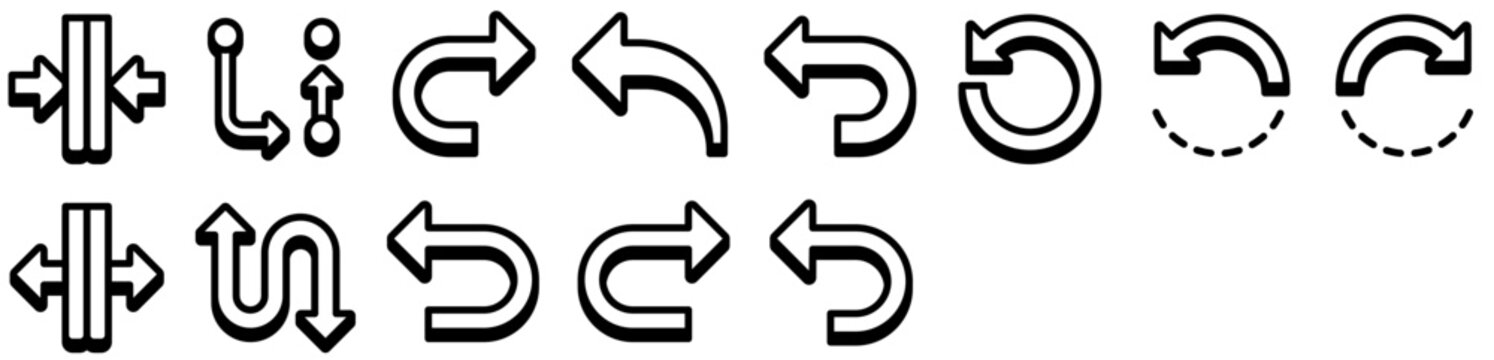 Set of Action Arrows Icons. Arrow, left, direction, turn, back, rotate, right, rotation, return, u, reset, circle, flip, move, undo. Vector icon sheet.
