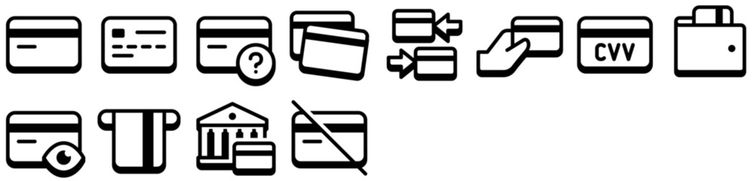 Set of Bank Cards icons including credit card, payment, bank, debit card, banking, money, pay, finance, transaction, paying, financial, shopping, commerce. Vector icon sheet.