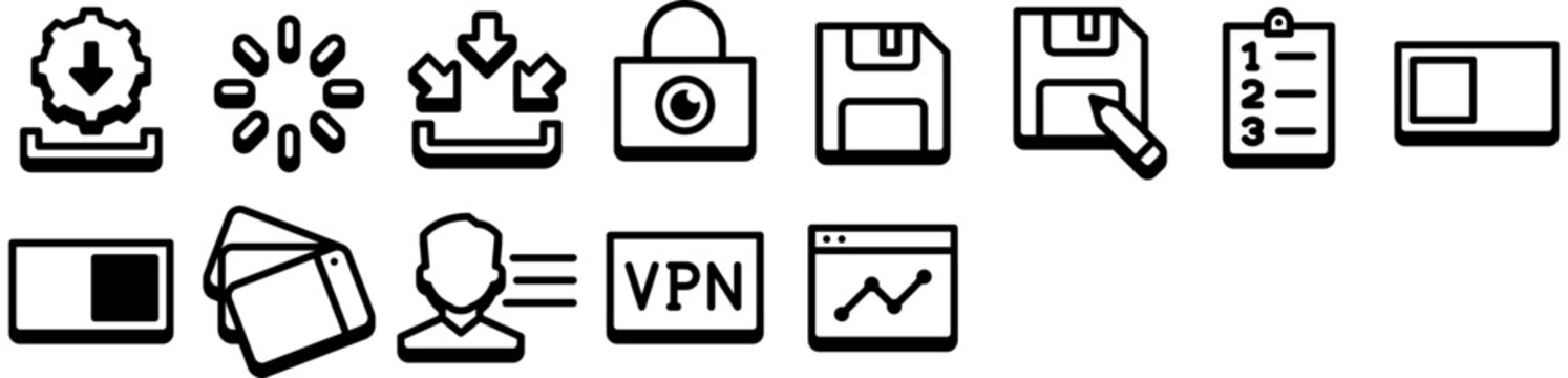 Set of Basic Elements Icons: download, save, sign, user, off, security, interface, switch, privacy, contact. Vector icon sheet. 