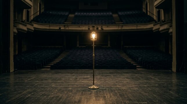 Ghost light lamp placed in the center of an empty theater stage. Single glowing bulb on a stand representing safety and tradition in performing arts. Dramatic interior lighting concept.