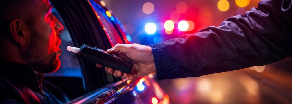 Driver undergoing breathalyzer test by police officer at night with flashing patrol car banner format