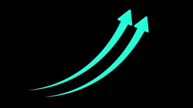 Two Cyan Growth Arrows Animation Moving Upward on Black Background, Business Success Double Growth, Financial Profit Boost, Career Progress and Economic Trend Motion Graphic, 4k arrow animation icon.