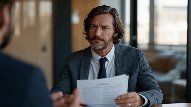 Online degree candidate in interview setting across desk from hiring manager who holds two resumes, legitimacy debate implied by the interviewer's pause over credential
