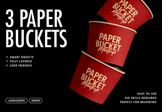3 Paper Buckets Mockup For Product And Packaging Design