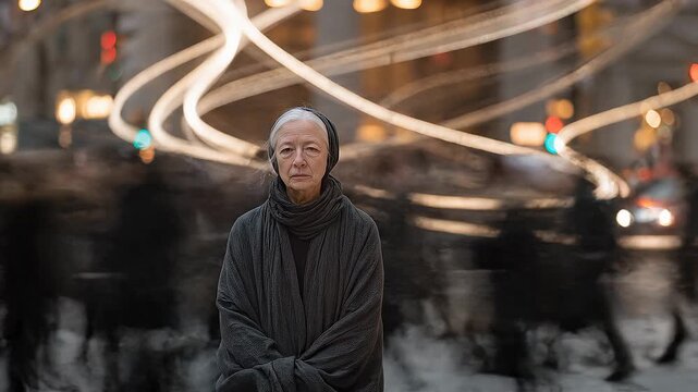 Older woman standing alone on a city sidewalk at twilight, surrounded by rushing commuters who blur past her, looking straight ahead with a hollow expression, urban loneliness and