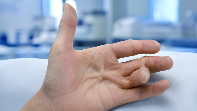 Dupuytren contracture hand radiology concept with palmar fascia thickening, photorealistic clinical image of curled fingers in hospital setting for healthcare education and patient information design