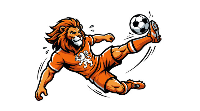 A lion in an orange jersey mid-sprint kicks a soccer ball with dynamic movement and energy on field.
