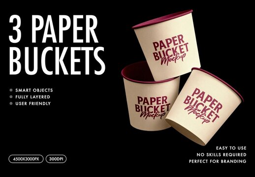3 Paper Buckets Mockup For Branding And Retail Design