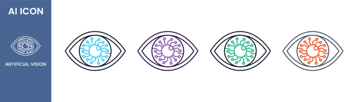 AI artificial vision outline icon set with technology eye circuit for computer vision or biometric face recognition concept, Vector illustration