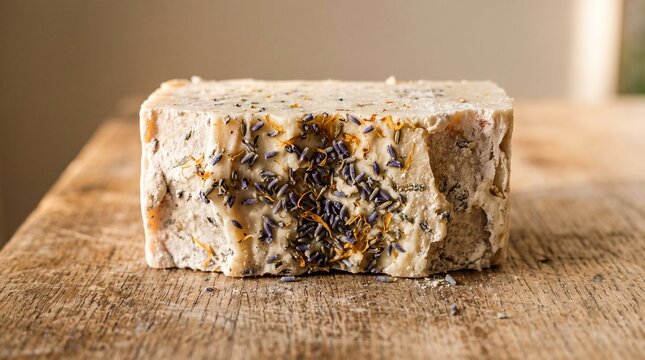 Macro shot of a rustic artisanal cold process soap bar embedded with dried lavender buds on a wooden workbench