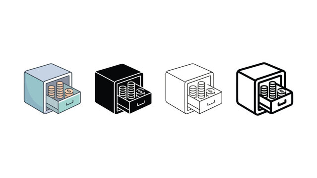 Four different colored safe boxes with coins inside on white background