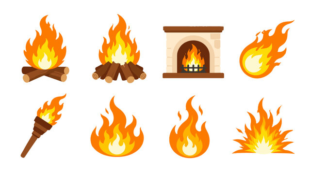 Set of fire and flame vector icons with campfire torch and fireplace