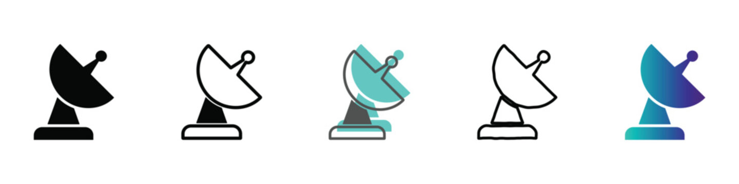 A set of five distinct satellite dish icons presented in different visual styles including solid black, outline, and gradient fills