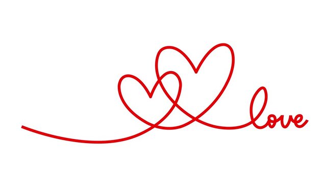 Continuous one line drawing hearts symbol embracing minimalism design of love text on white background. Romantic relationship concept for wedding and Valentine's day card celebration.