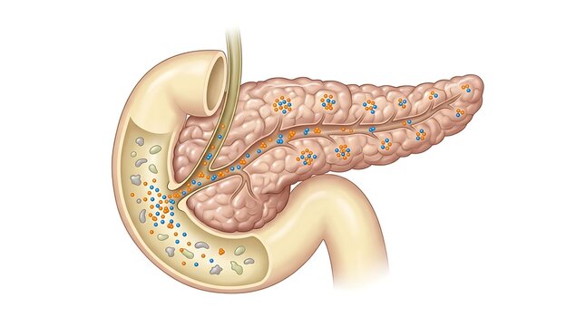 Pancreas and duodenum showing digestive enzyme secretion