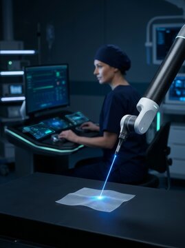 Woman surgeon operating robotic laser medical device. Automated surgical system performing precision procedure. High tech healthcare innovation and digital medicine in sterile hospital lab setting.