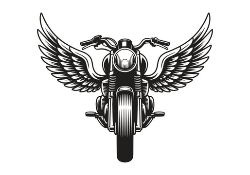 Winged motorcycle front view vector illustration, biker emblem logo design, speed and freedom concept
