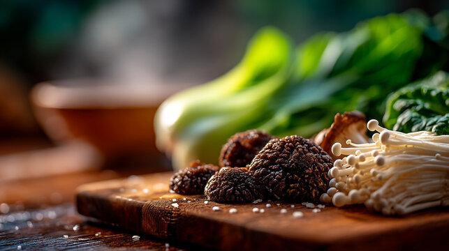 Raw shiitake mushrooms with bok choy and enoki mushrooms on wooden board still life raw food