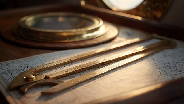 Restored Brass Nautical Parallel Ruler on Vintage Navigation Chart for Marine Mapping