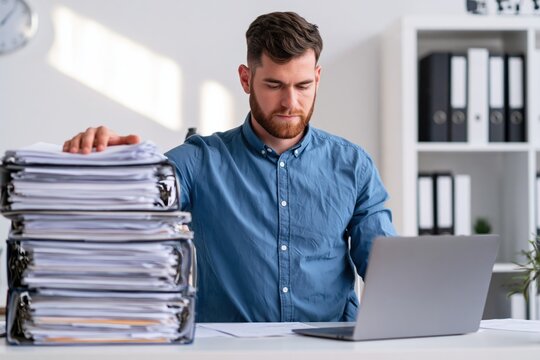 Business man working on laptop in office with heavy workload and stacks of files