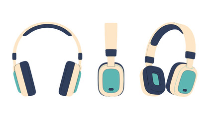 Fototapeta na wymiar Retro wireless headphones set in flat cartoon vector style