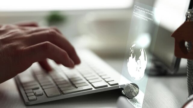 Businessman Working On Laptop With Digital Globe Hologram, Global Business Concept