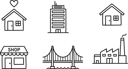 Fototapeta premium Building icons vector illustration with house, office, shop, bridge, and factory in urban architecture design