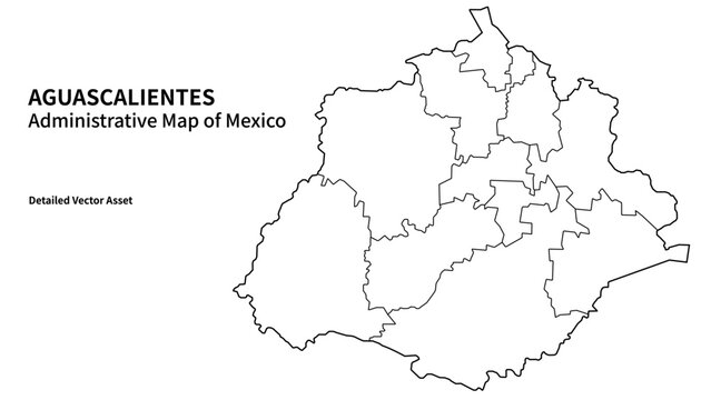 Aguascalientes Mexico Map with Municipalities, Detailed Mexican State Administrative Division Vector