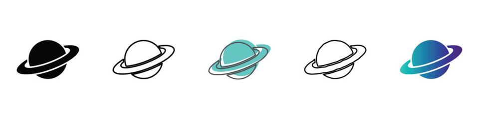 A set of five distinct planet icons, each featuring a ring, presented in different artistic styles including solid black, outline, and gradient © Vova7