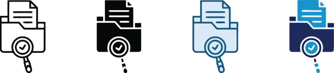 Research Folder Icon Set Multiple Style Collection. Searching documents with a magnifying glass a striking black silhouette. Magnifying glass over documents icon set - Clean vector icon set showing.  © Abdul Rehman
