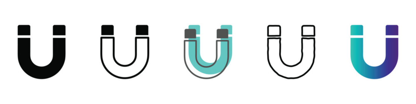 A set of five distinct horseshoe magnet symbols, showcasing different design aesthetics from solid black to gradient fills and outlines