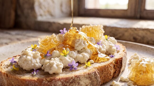 Honey pouring onto fresh ricotta toast with honeycomb and edible flowers in a rustic kitchen