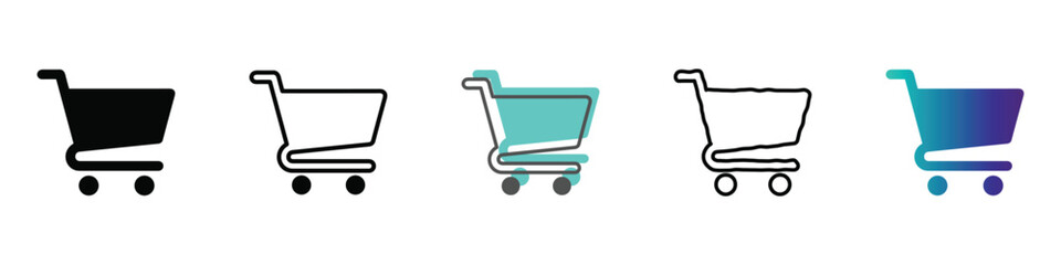 A set of five distinct shopping cart icons, showcasing different design aesthetics from solid black to gradient fills and outlines © Vova7