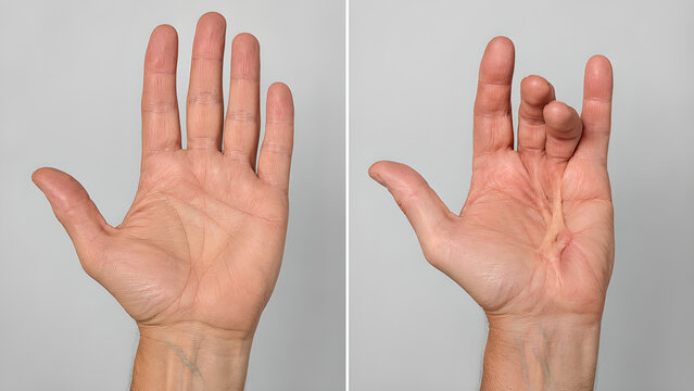 Dupuytren contracture hand comparison medical illustration showing normal palm versus progressive finger contracture with palmar cords for orthopedic education, healthcare design, patient information