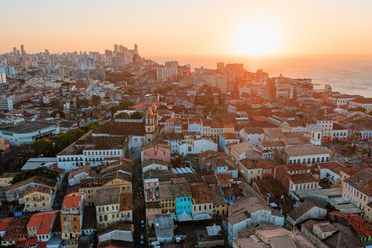 Sun setting over the historic city skyline, Salvador, Bahia, Brazil
