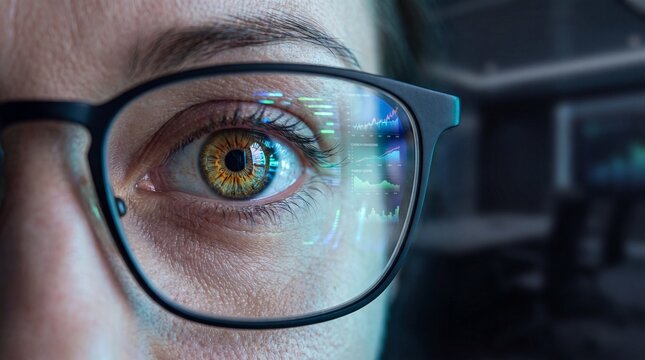 Female executive eye reflecting environmental data charts in boardroom