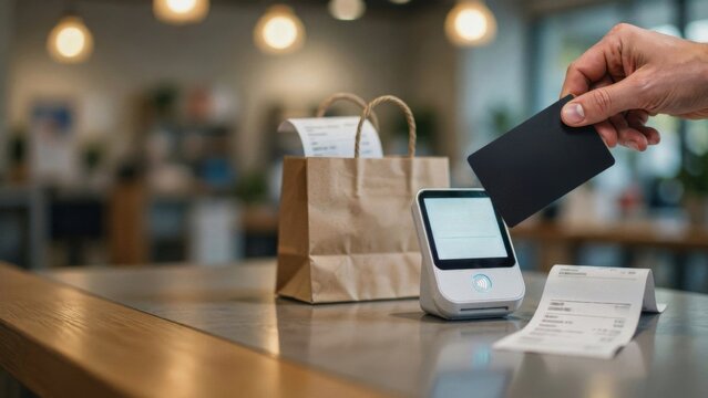 Hand paying with contactless credit card at a cafe counter terminal, NFC payment concept
