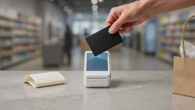 Hand paying with contactless credit card at a cafe counter terminal, NFC payment concept