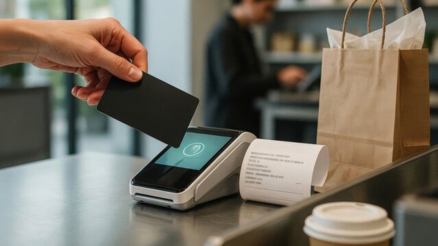 Hand paying with contactless credit card at a cafe counter terminal, NFC payment concept