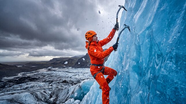 Female ice climber striking a blue glacier wall in iceland with ice shards spraying