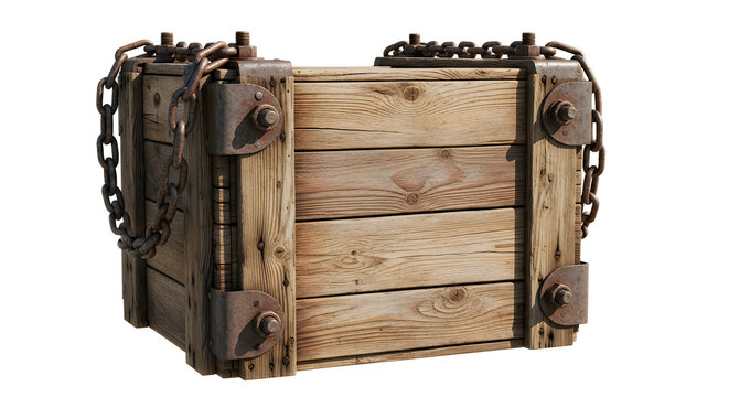 Heavy wooden crate secured with black straps and chains isolated on white background