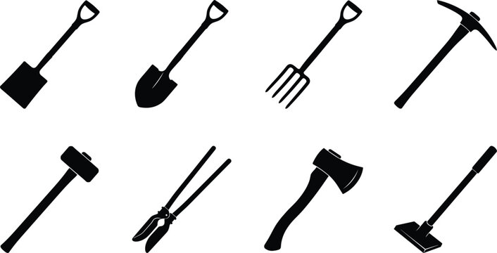 Black silhouette collection of garden and construction hand tools including shovel spade pickaxe axe and sledgehammer