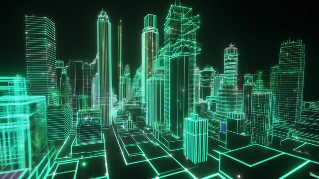 シアンとグリーンのラインで構成された未来のエコシティ3Dワイヤーフレーム 白背景