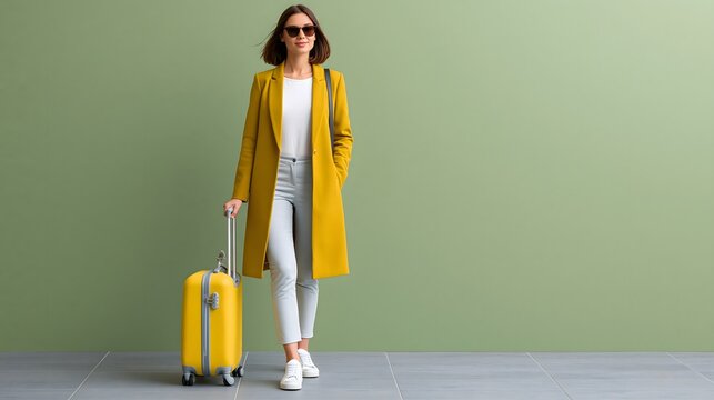 professional woman traveler with luggage, modern green background, business mobility and global travel concept, premium stock image